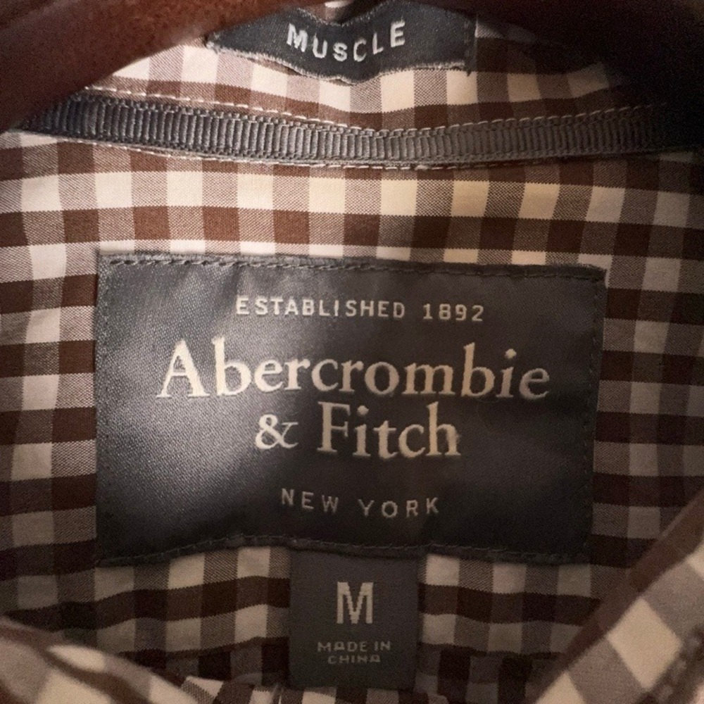 Abercrombie & Fitch Muscle Fit Shirt Mens Medium Brown White Gingham Button Up - Picture 4 of 7